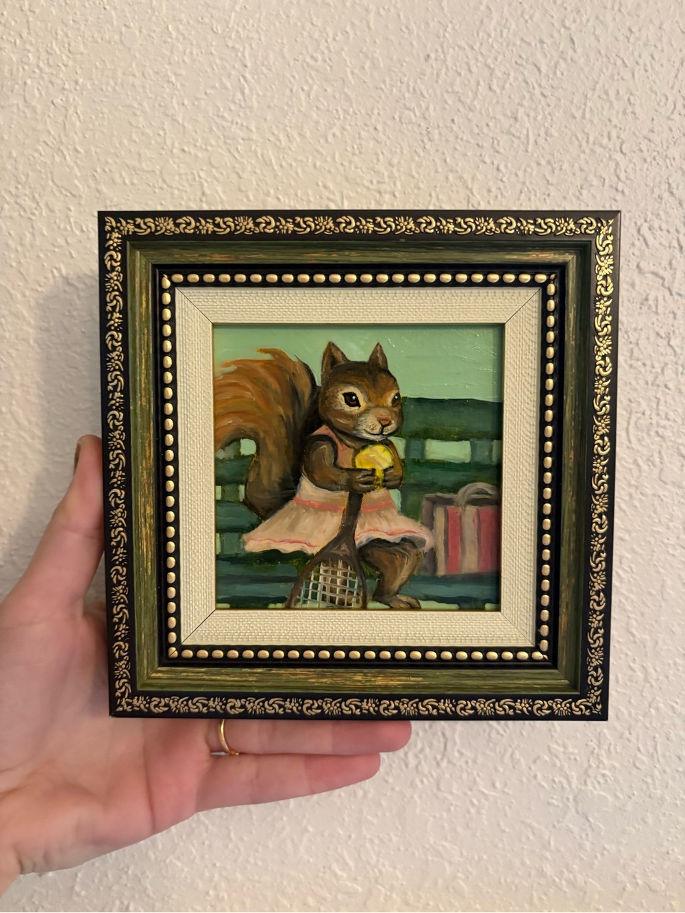 "Tennis Squirrel" Original oil painting on wood board mini framed 4x4"